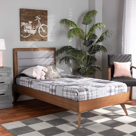 Linn Mid-Century Light Grey Fabric Upholstered And Walnut Brown Finished Wood Platform Bed-Twin